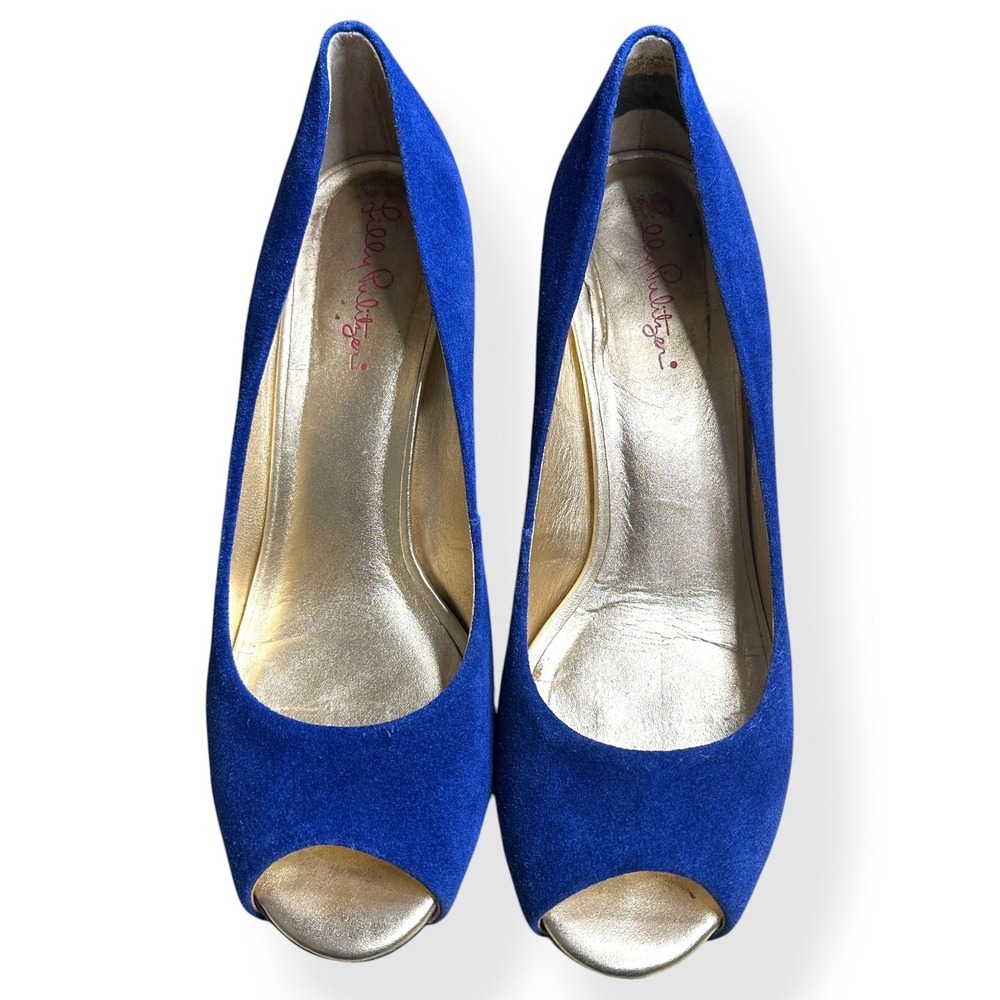 Lilly Pulitzer Womens Resort Wedge Chic Heels Blue 8.5M Peep Toe Suede Preppy - Picture 6 of 11